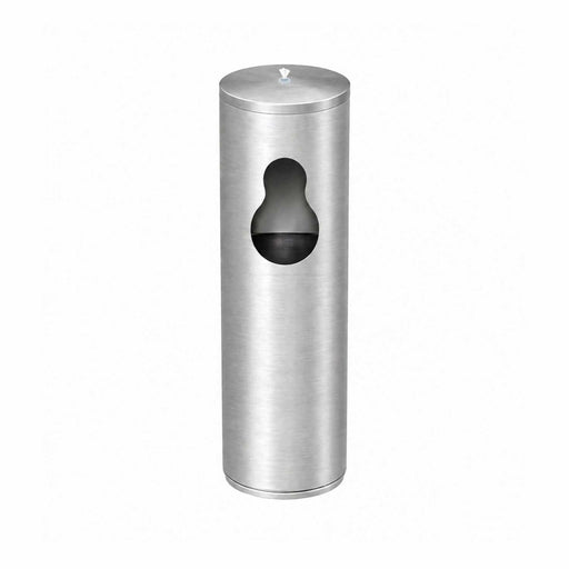 Stainless steel freestanding wet wipes dispenser with built-in waste bin and angled top in brushed silver finish