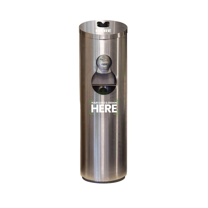 Stainless steel freestanding wet wipes dispenser with built-in waste bin and angled top in brushed silver finish