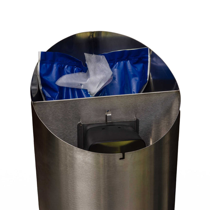 Stainless steel freestanding wet wipes dispenser with built-in waste bin and angled top in brushed silver finish