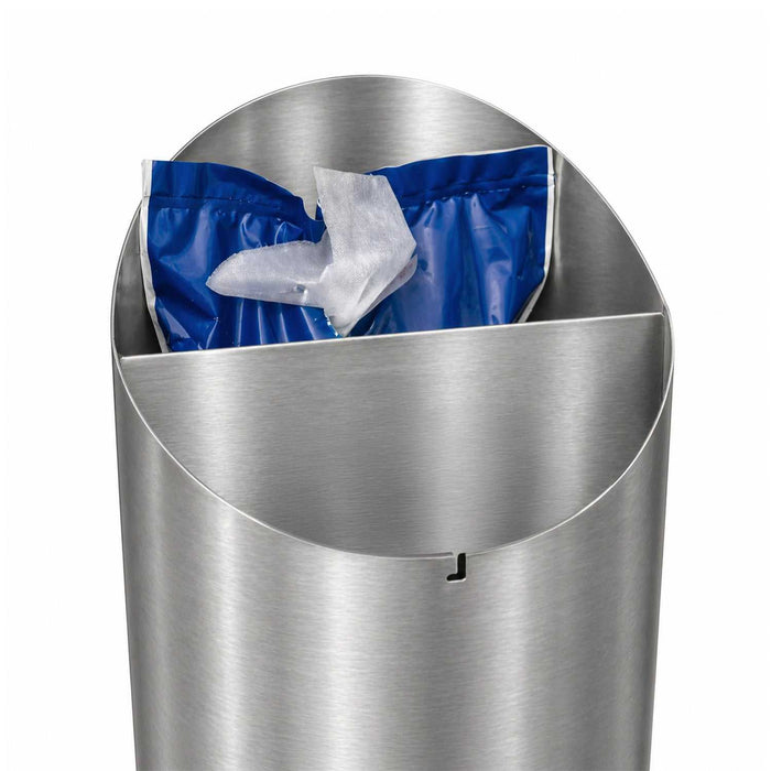 Stainless steel freestanding wet wipes dispenser with built-in waste bin and brushed silver finish
