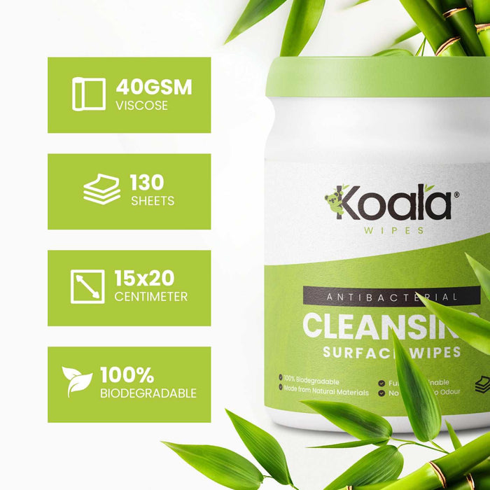 Koala Wipes antibacterial biodegradable cleansing wipes in tub with bamboo leaves, 130 sheets, 15x20 cm, 100% biodegradable, 40GSM viscose material