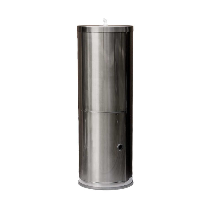 Brushed stainless steel freestanding wet wipes dispenser with built-in waste bin and flat top design