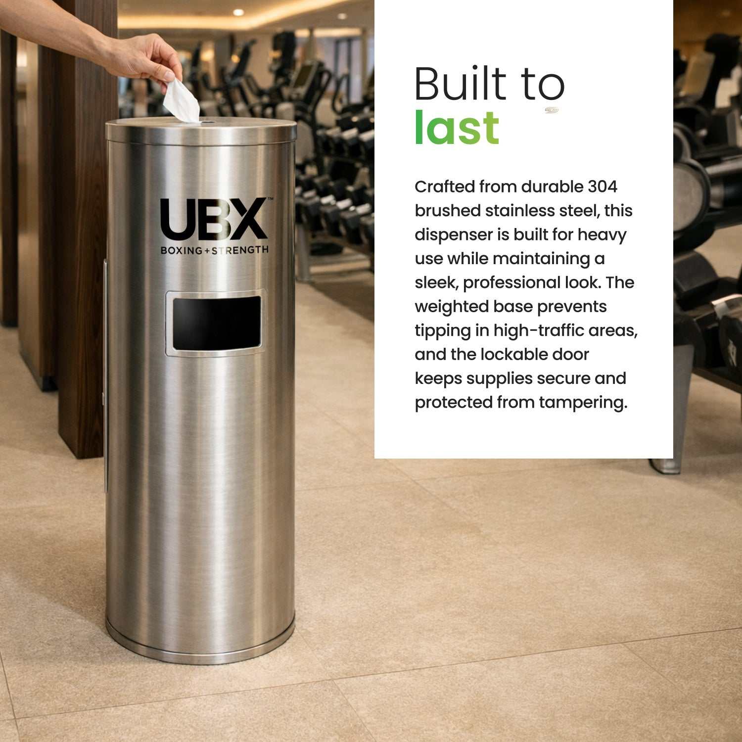 Freestanding brushed stainless steel wet wipes dispenser with built-in waste bin and flat top design