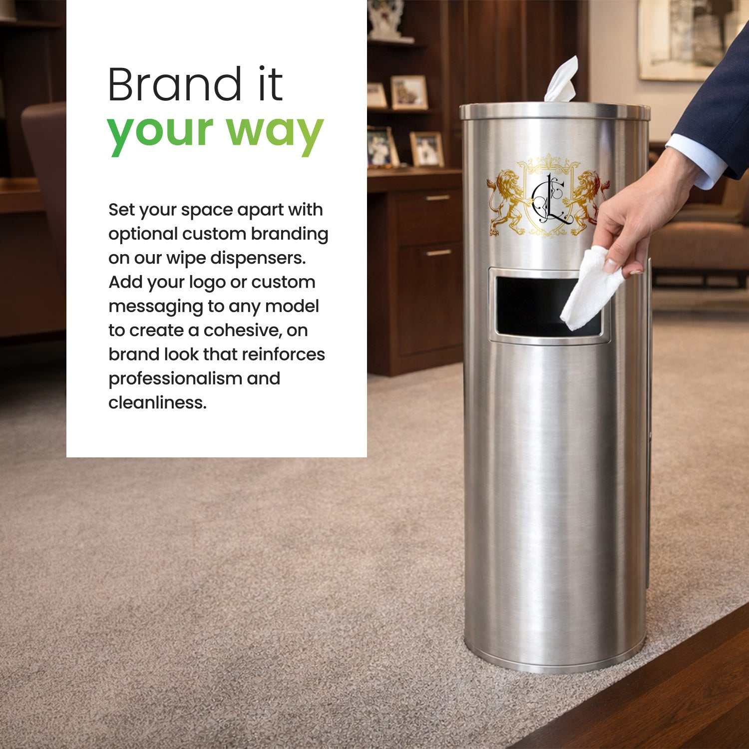 Brushed stainless steel freestanding wet wipes dispenser with built-in waste bin and flat top design