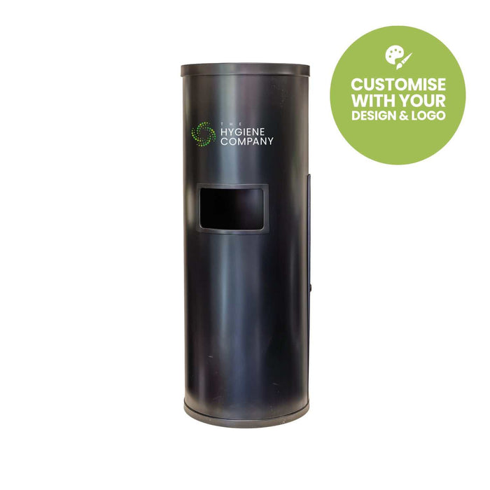 Premium matt black steel freestanding wet wipes dispenser with built-in waste bin and customizable logo area