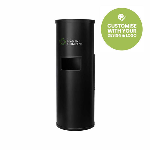 Premium matt black steel freestanding wet wipes dispenser with built-in waste bin and flat top design
