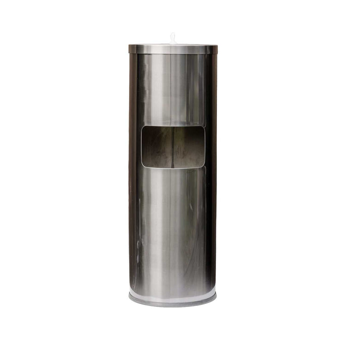 Brushed stainless steel freestanding wet wipes dispenser with built-in waste bin and flat top design