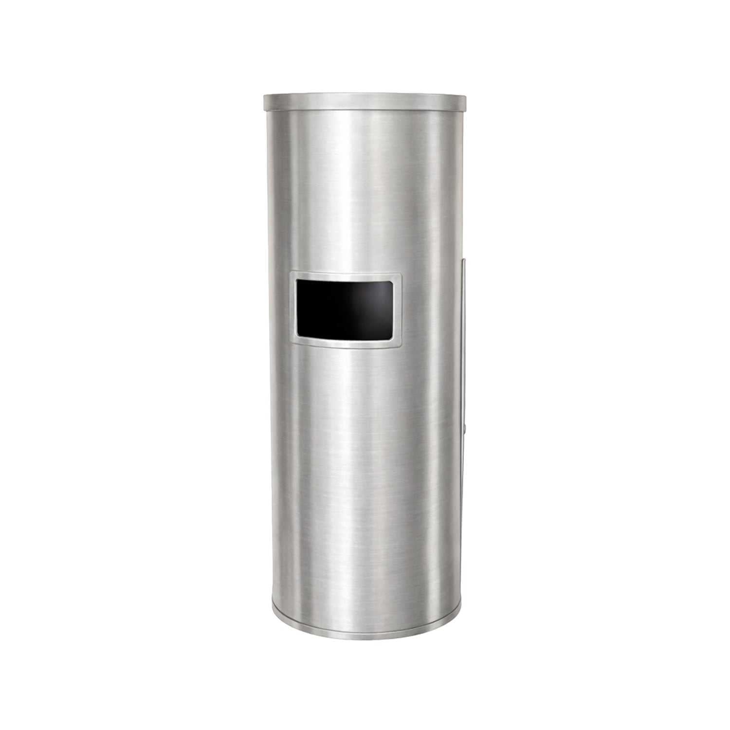 Brushed stainless steel freestanding wet wipes dispenser with built-in waste bin and flat top design