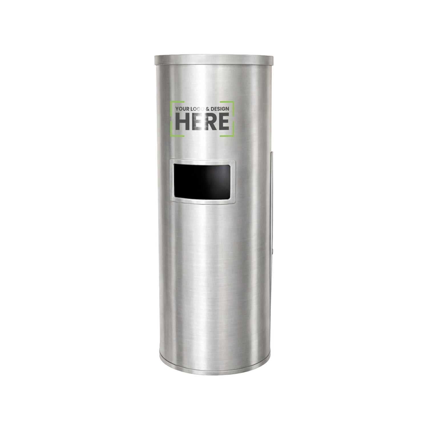 Brushed stainless steel freestanding wet wipes dispenser with built-in waste bin and flat top design