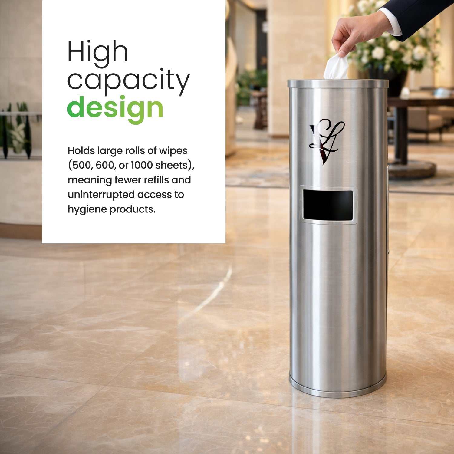 Brushed stainless steel freestanding wet wipes dispenser with built-in waste bin and flat top design