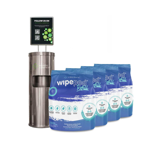 Freestanding dispenser bundle with built-in waste bin, A4 display, and antibacterial wipes in gunmetal grey