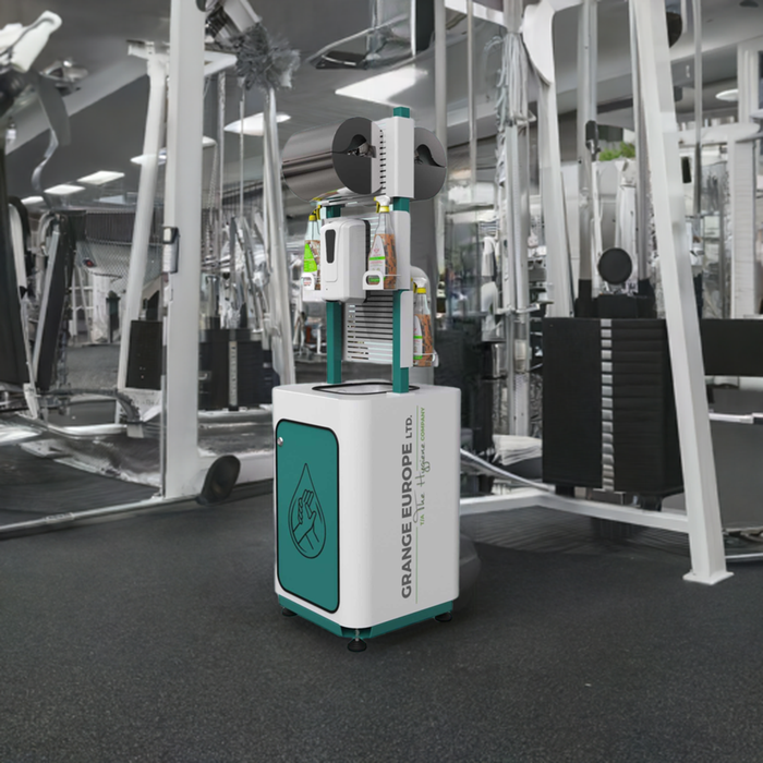 Multipurpose bespoke gym cleaning station in modern gym setting.