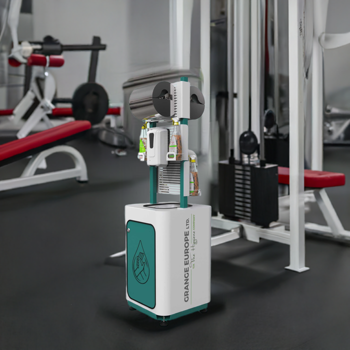 Multipurpose bespoke gym cleaning station in a fitness facility setting.