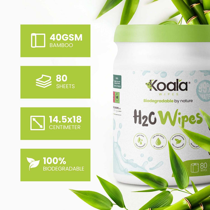 Koala Wipes® H2O Wipes biodegradable bamboo body wipes, 80 sheets, gentle and eco-friendly cleaning for sensitive skin