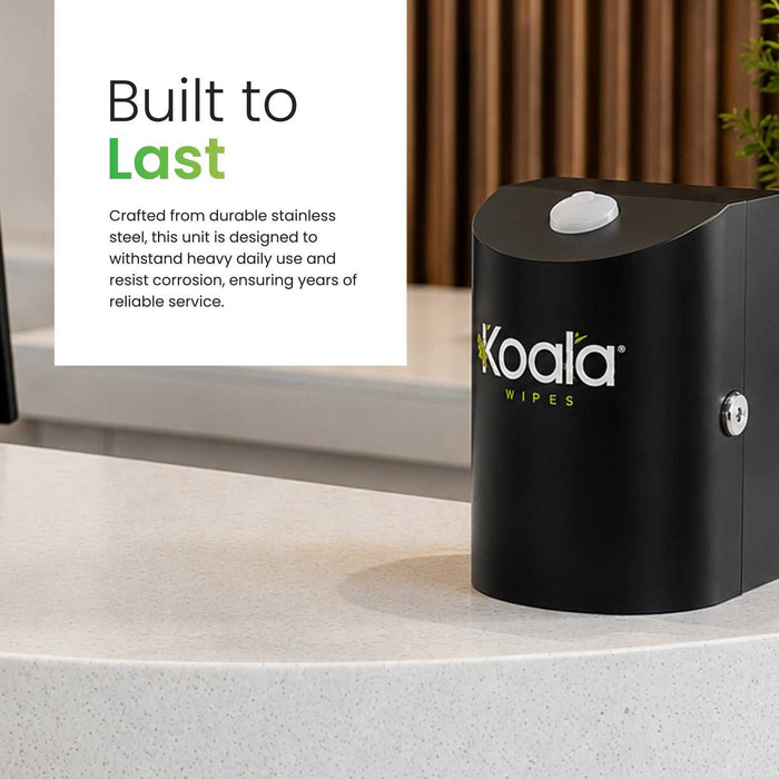 Koala Wipes stainless steel desktop wet wipes dispenser in matt black finish on desk