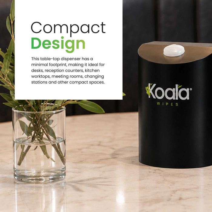 Koala Wipes stainless steel desktop wet wipes dispenser in matt black with secure locking and compact design
