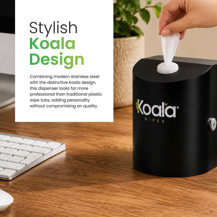Koala Wipes stainless steel desktop wet wipes dispenser in matt black on office desk