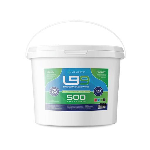 500 sheet Liquidate LB9 biodegradable antibacterial wipes bucket for surface cleaning and disinfection