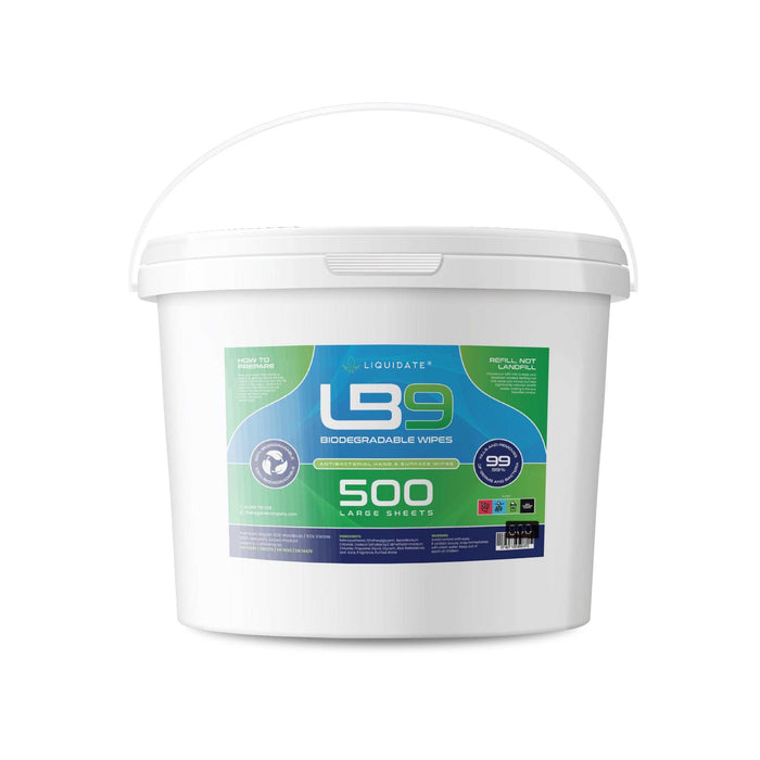 500 sheet Liquidate LB9 biodegradable antibacterial wipes bucket for surface cleaning and disinfection