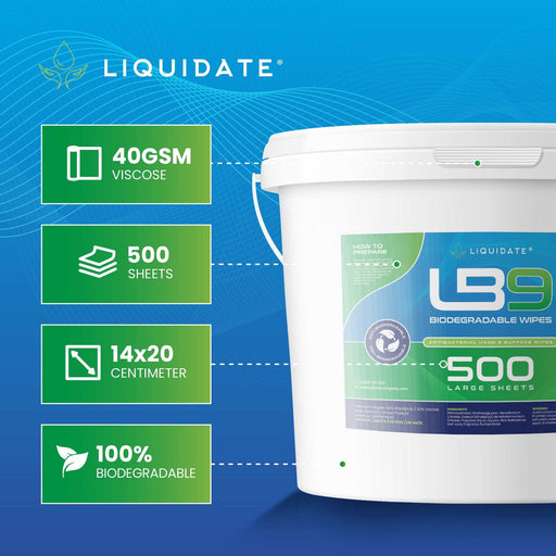 500 sheet bucket of Liquidate LB9 antibacterial wipes, biodegradable and plastic-free with powerful germ-killing action
