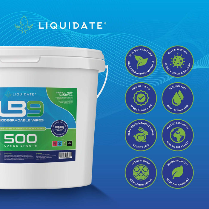 Liquidate LB9 antibacterial wipes bucket with 500 biodegradable sheets for surface cleaning and disinfection