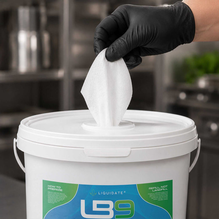 500 sheet Liquidate LB9 antibacterial wipes biodegradable bucket for multi-surface cleaning and disinfection