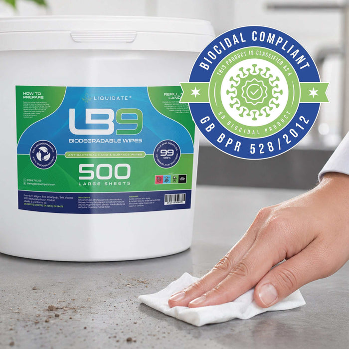 500 sheet Liquidate LB9 antibacterial wipes bucket biodegradable plant-based microfiber cleaning wipes for surfaces