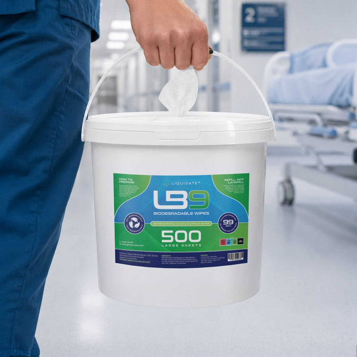500 sheet Liquidate LB9 antibacterial wipes bucket biodegradable viscose eco-friendly plastic-free