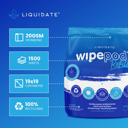 4x1500 sheet antibacterial hand and surface wet wipes in vacuum-sealed recyclable packaging