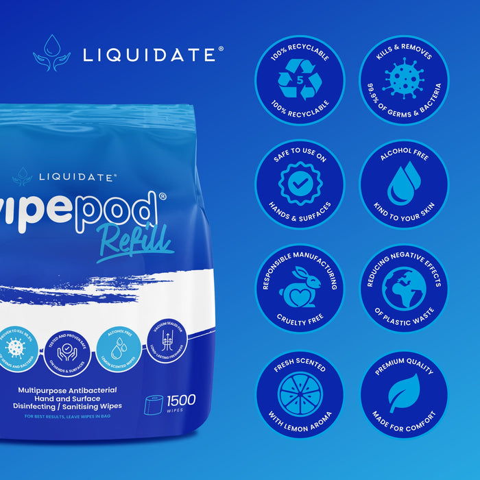 4x1500 sheet antibacterial hand and surface wet wipes in recyclable vacuum-sealed packaging