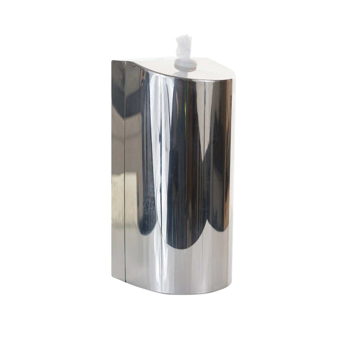 Polished stainless steel wall mounted wipes dispenser with sleek durable design for hygiene and style