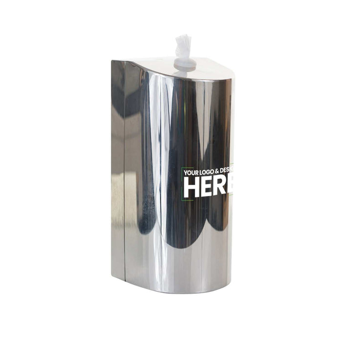 Polished stainless steel wall-mounted dispenser with customizable logo and sleek reflective finish for hygiene wipes