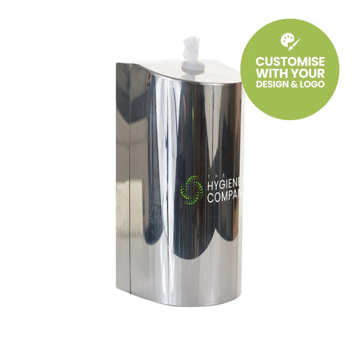Polished stainless steel wall-mounted wipes dispenser with customizable logo and sleek design