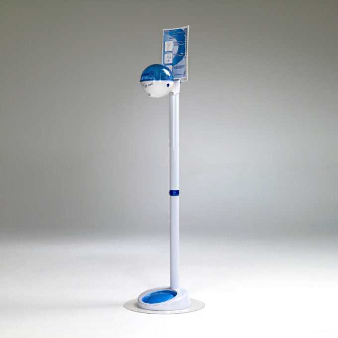 White Germstar Premium Floor Stand for 946ml dispenser with drip tray and A4 sign holder