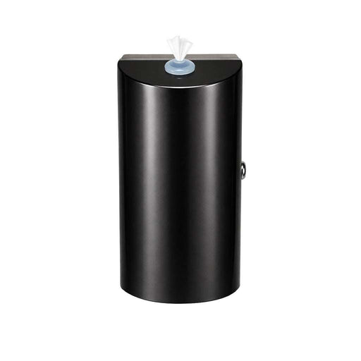 Sleek matt black stainless steel wall-mounted wet wipe dispenser with secure locking and top-loading refills