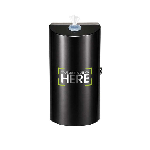 Sleek matt black stainless steel wall-mounted wet wipe dispenser with locking mechanism and top-loading design