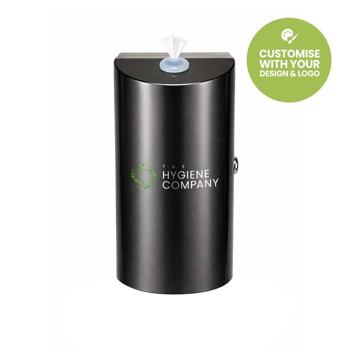 Gunmetal grey brushed stainless steel wall-mounted wet wipes dispenser with secure locking and sleek design