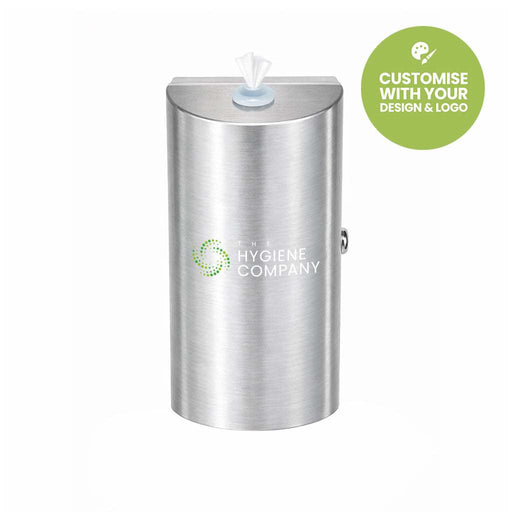 Small brushed silver stainless steel wall-mounted dispenser for wipes with secure lock and top-loading design