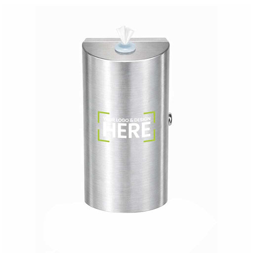 Small stainless steel wall-mounted wipes dispenser with brushed silver finish and secure locking mechanism
