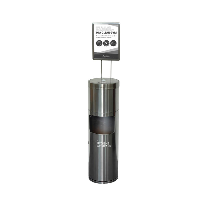Stainless steel free standing dispenser in gunmetal grey with built-in waste bin and A4 display stand for hygiene stations.