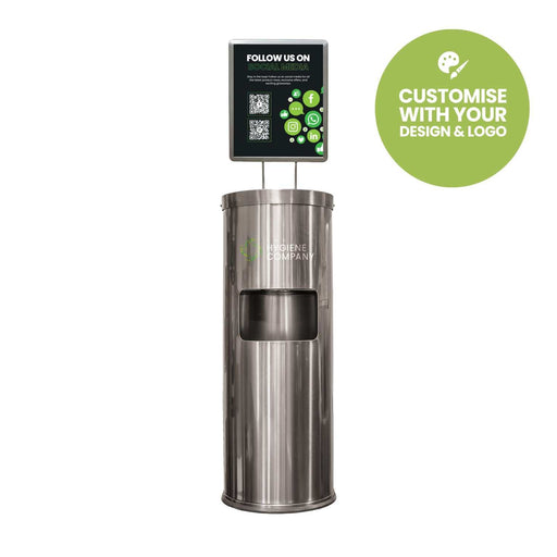 Stainless steel free standing dispenser with built-in waste bin and A4 display stand in gunmetal grey finish