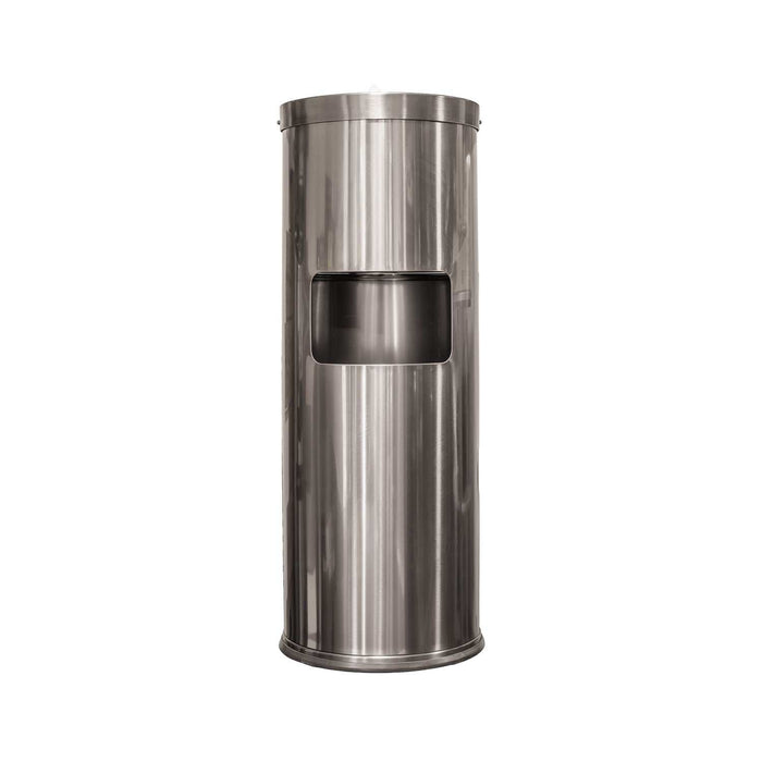 Stainless steel free standing dispenser with built-in waste bin and A4 display stand in electroplated gunmetal grey