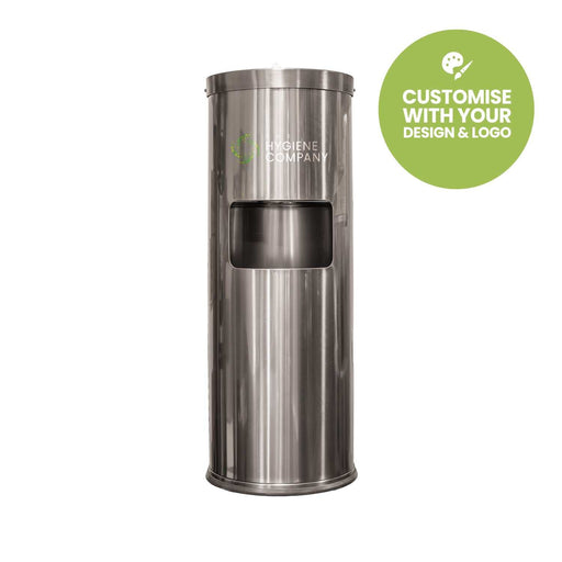 Electroplated gunmetal grey stainless steel free standing dispenser with built-in waste bin and A4 display stand, fingerprint-resistant finish.