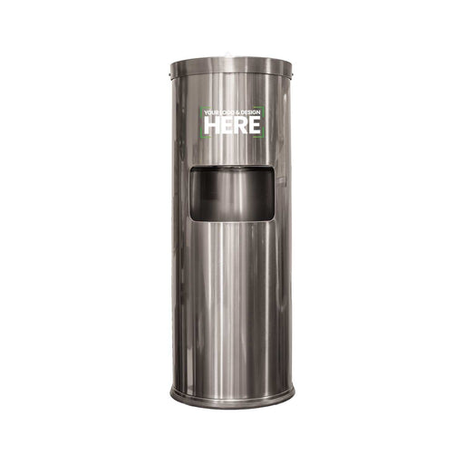 Stainless steel free standing dispenser with built-in waste bin and A4 display stand in electroplated gunmetal grey finish