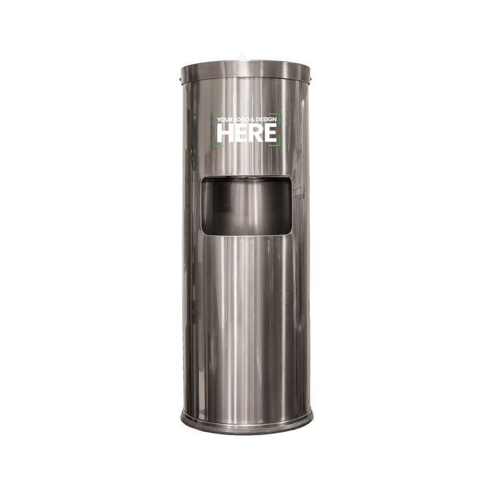 Stainless steel free standing dispenser with built-in waste bin and A4 display stand in electroplated gunmetal grey finish