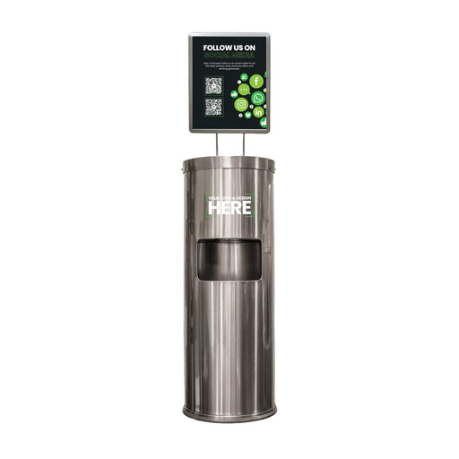 Stainless steel free standing dispenser with built-in waste bin and A4 display stand in gunmetal grey
