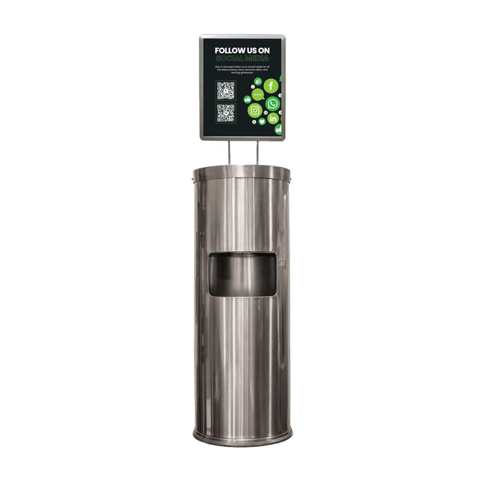 Electroplated gunmetal grey stainless steel free standing dispenser with built-in waste bin and A4 display stand.