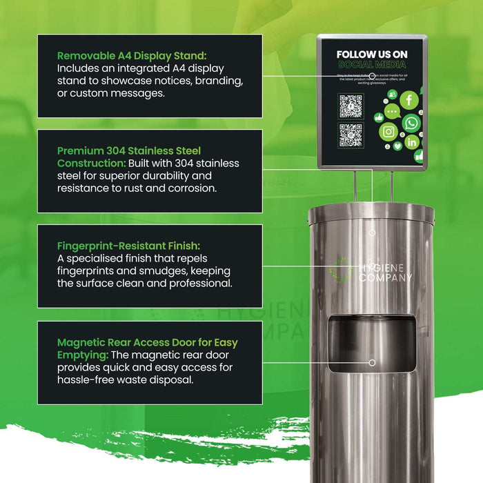 Stainless steel free standing dispenser with built-in waste bin, fingerprint-resistant gunmetal grey finish, and integrated A4 display stand for custom messaging.