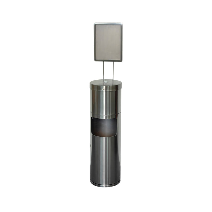 Stainless steel free standing dispenser with built-in waste bin and A4 display stand in electroplated gunmetal grey
