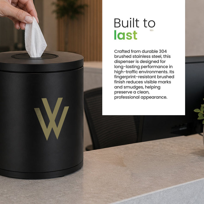Brushed silver stainless steel tabletop wipes dispenser with fingerprint-resistant finish and silicone dispensing nozzle for smooth, hygienic wipe dispensing in offices and commercial spaces